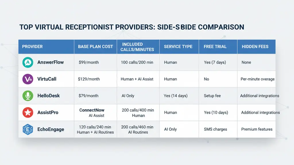 Virtual Receptionist Cost Comparison Table: Top Providers Side-by-Side